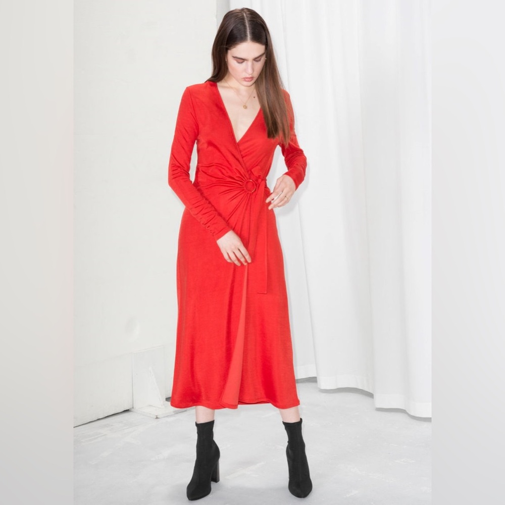& OTHER STORIES O-Ring Belted Midi Dress 10 Long Sleeve Wrap Red Vneck